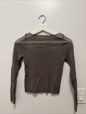 Zara Sheer Yoke Long-Sleeve Top in Taupe